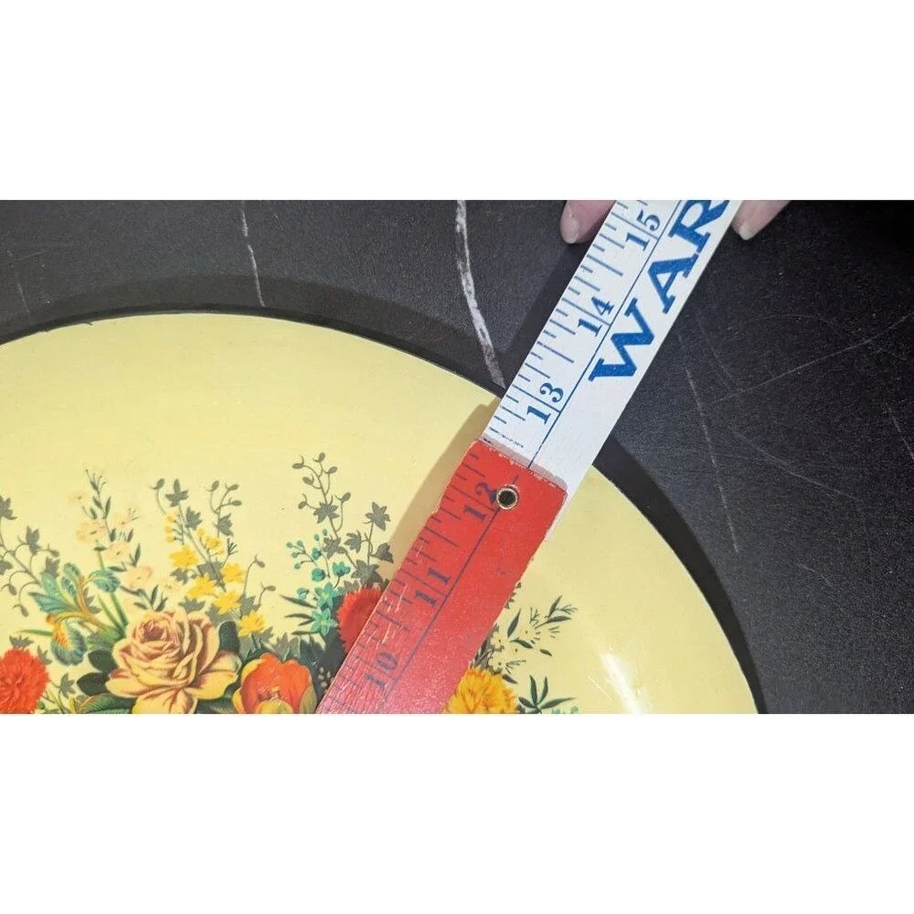 Vintage 13in Round Japanese Floral Papier-Mache lacquer Serving‎ Tray Yellow MCM